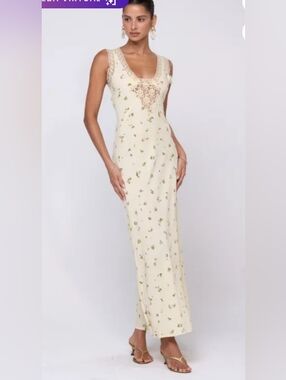 RESA Cream Maxi Dress with Green Floral Print and Lace Trim 100% Viscose